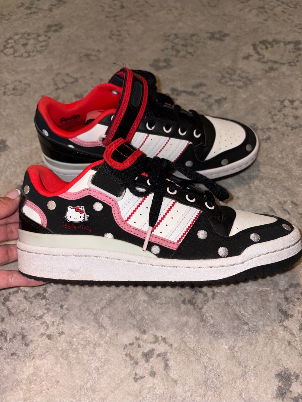 adidas Kids Black White Polka Dot Sneakers with Pink and Red Accents